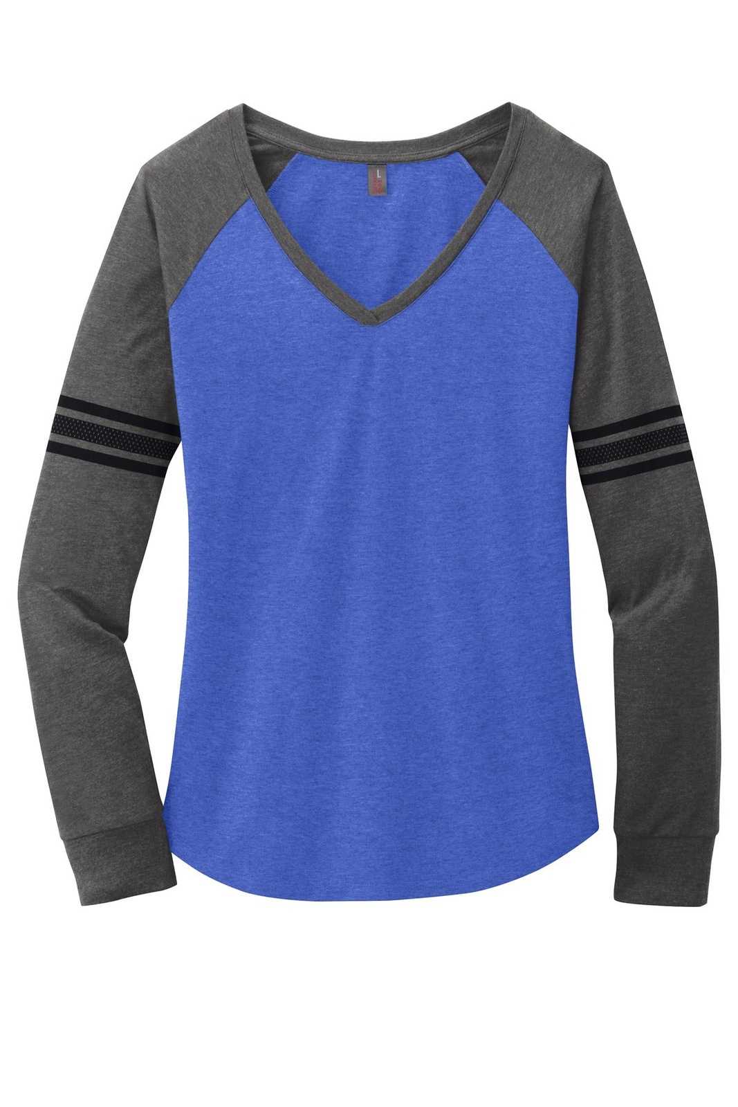 District DM477 Women&#39;s Game Long Sleeve V-Neck Tee - Heathered True Royal Heathered Charcoal Black - HIT a Double - 5