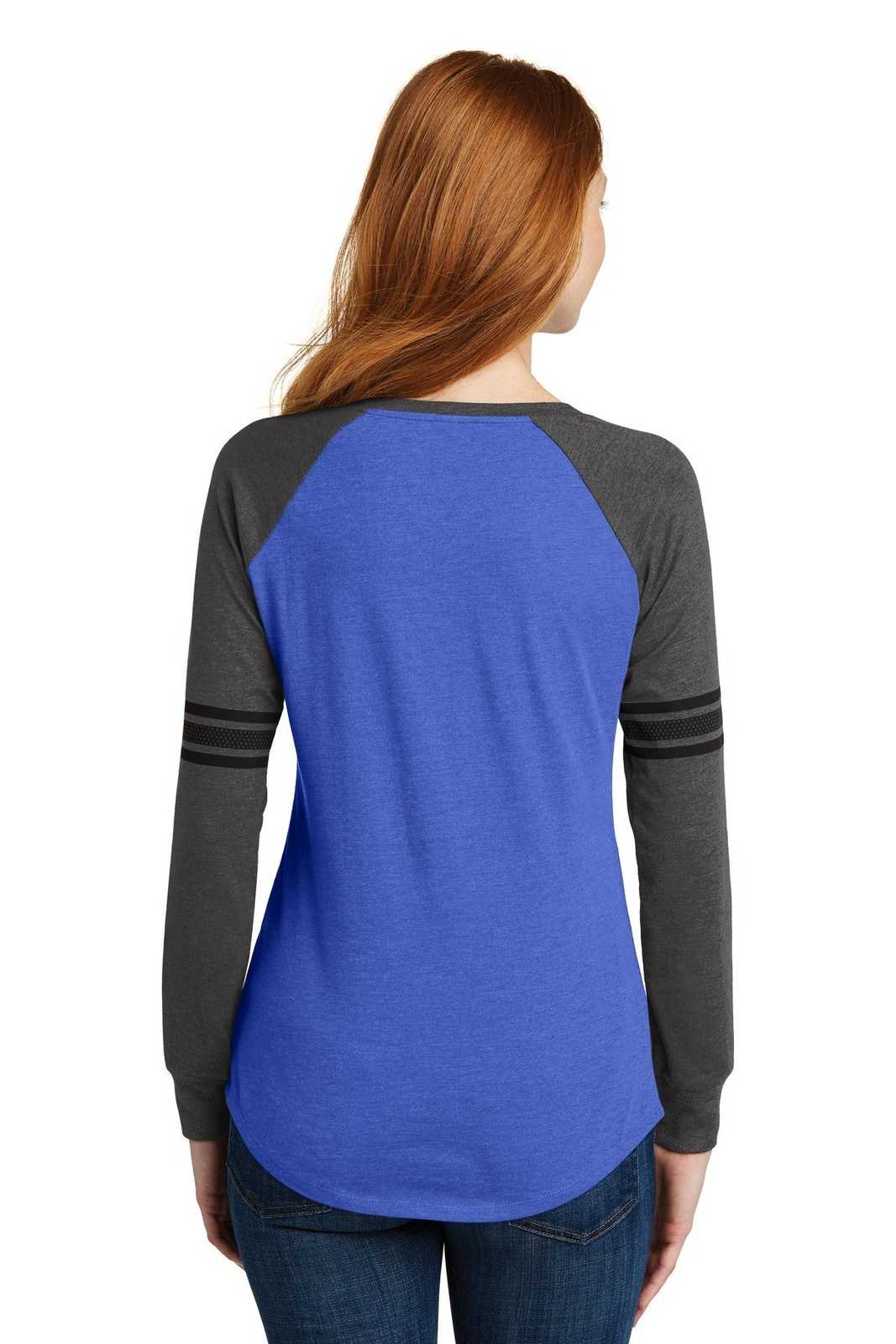 District DM477 Women's Game Long Sleeve V-Neck Tee - Heathered True Royal Heathered Charcoal Black - HIT a Double - 1