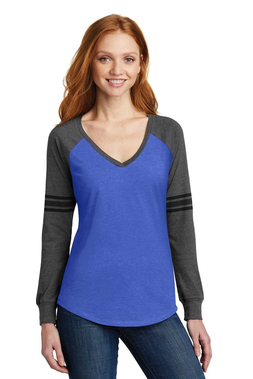 District DM477 Women's Game Long Sleeve V-Neck Tee - Heathered True Royal Heathered Charcoal Black - HIT a Double - 1