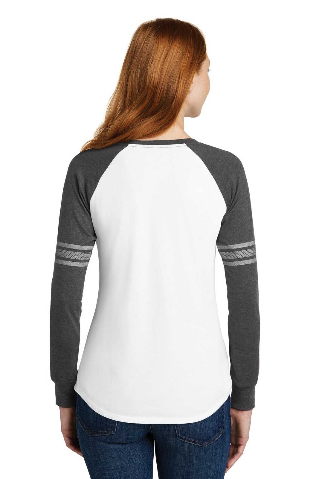 District DM477 Women's Game Long Sleeve V-Neck Tee - White Heathered Charcoal Silver - HIT a Double - 1