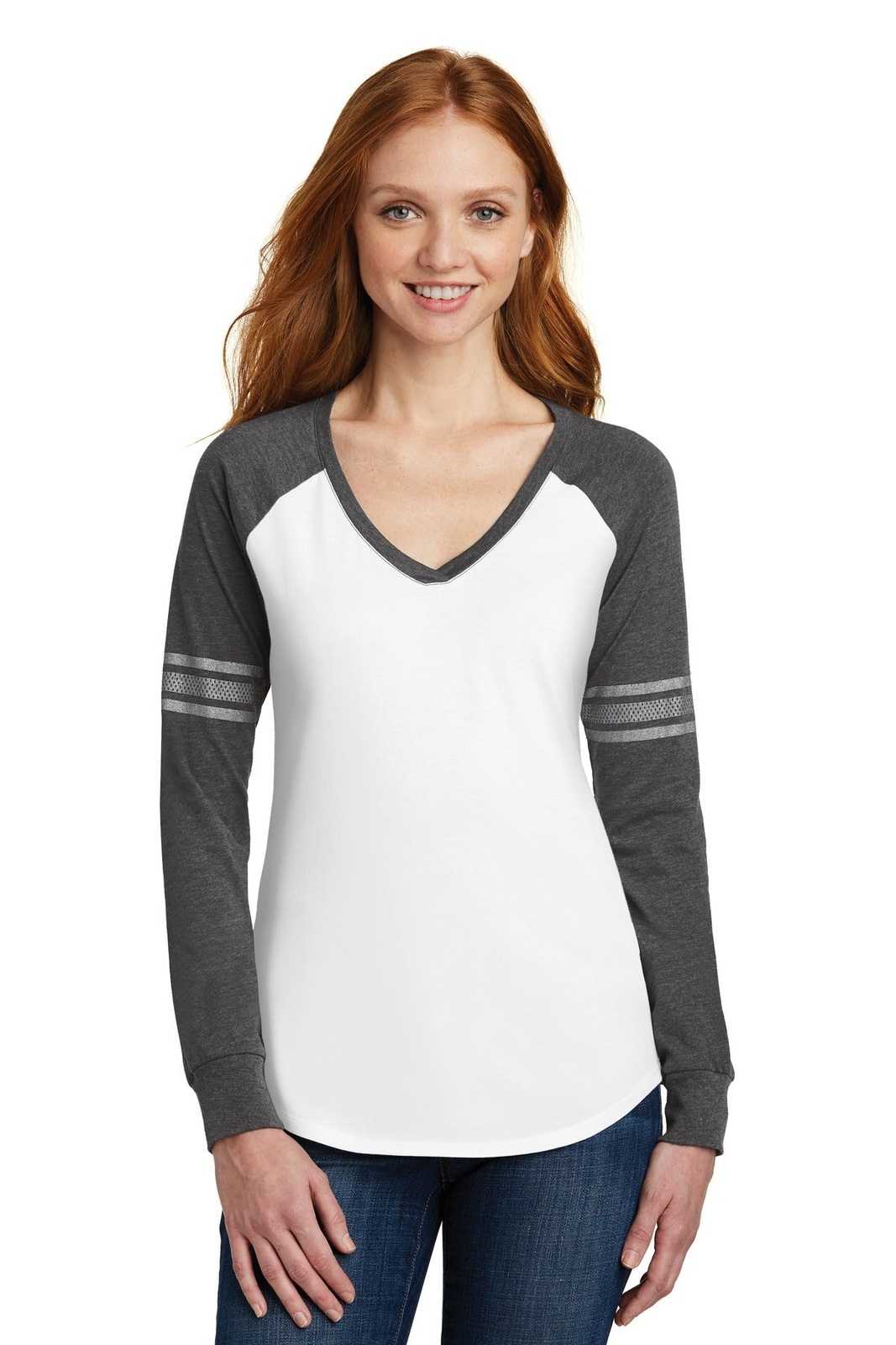 District DM477 Women&#39;s Game Long Sleeve V-Neck Tee - White Heathered Charcoal Silver - HIT a Double - 1