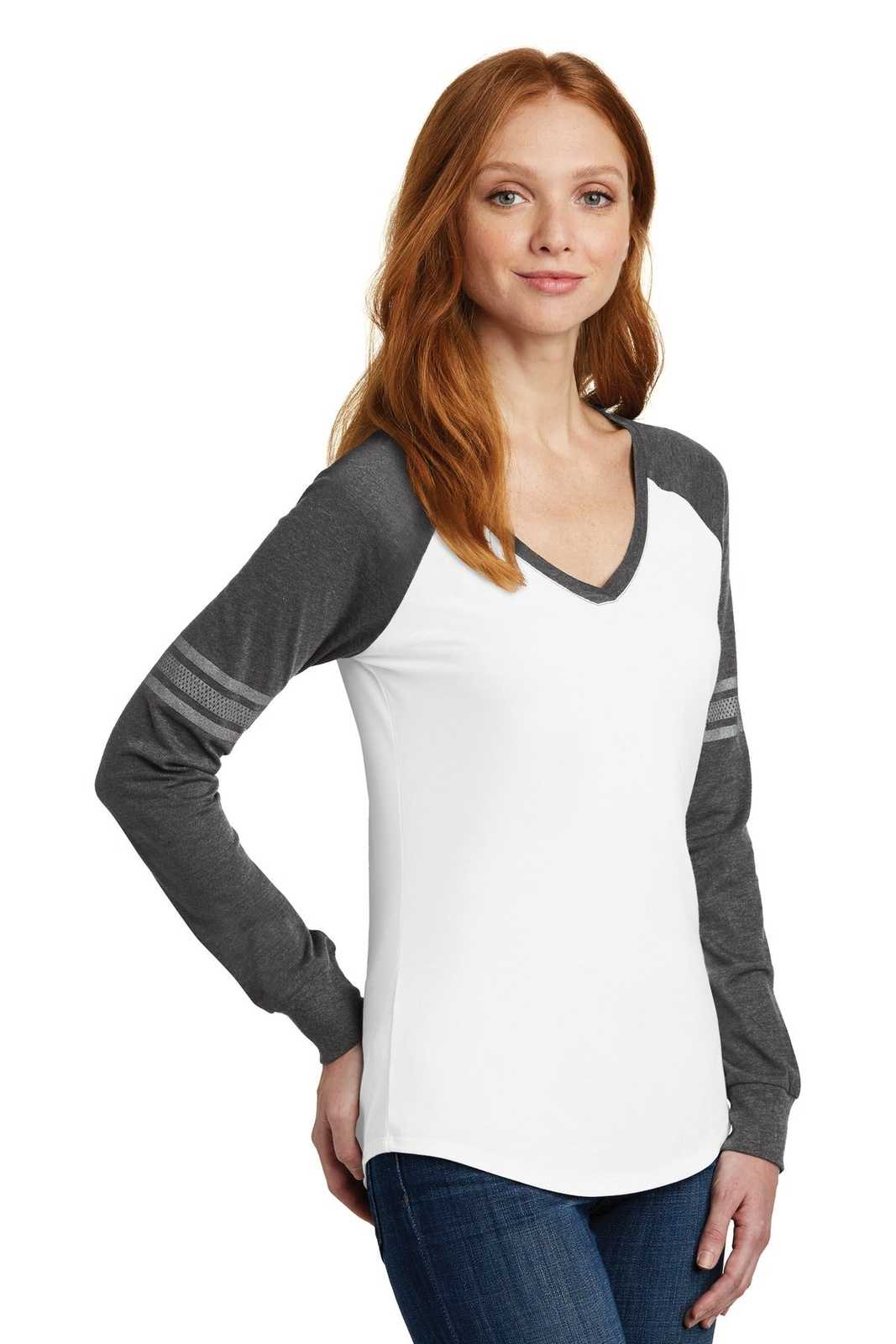 District DM477 Women&#39;s Game Long Sleeve V-Neck Tee - White Heathered Charcoal Silver - HIT a Double - 4