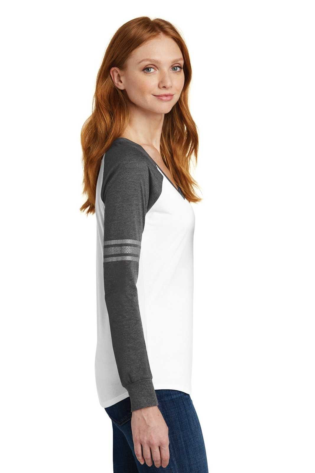 District DM477 Women&#39;s Game Long Sleeve V-Neck Tee - White Heathered Charcoal Silver - HIT a Double - 3
