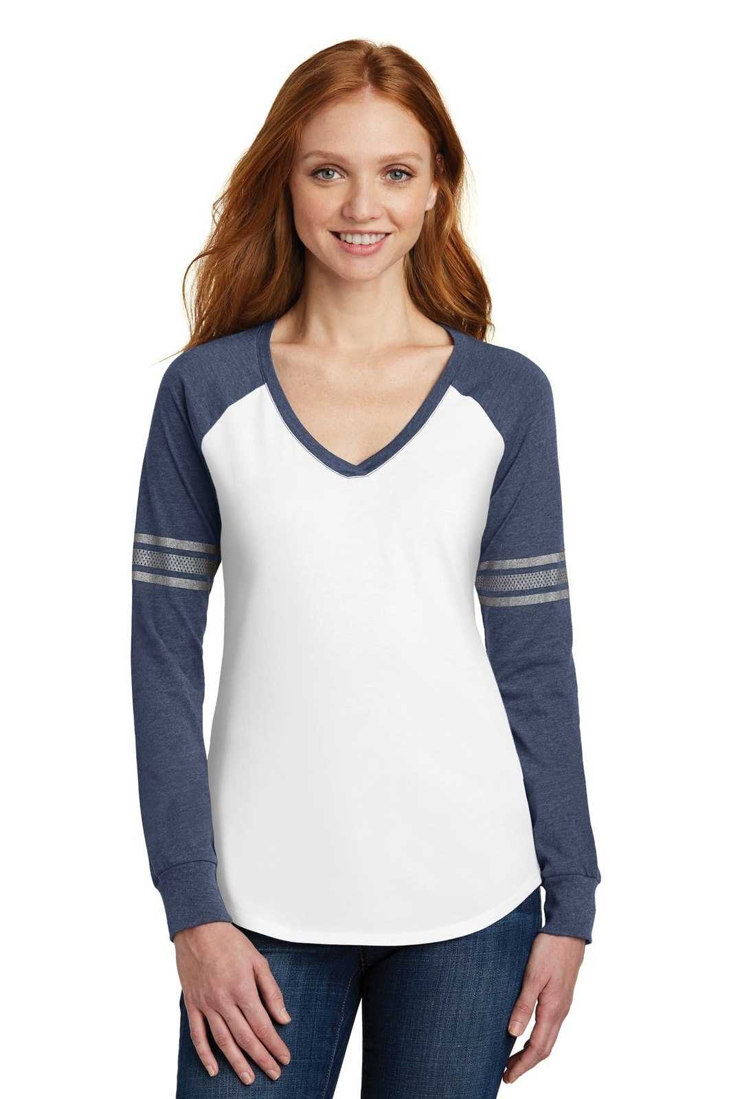 District DM477 Women&#39;s Game Long Sleeve V-Neck Tee - White True Heathered Navy - HIT a Double - 1