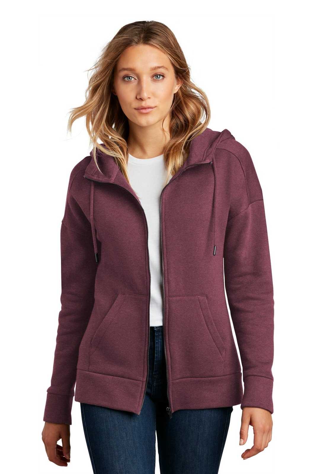 District DT1104 Womens Perfect Weight Fleece Drop Shoulder Full-Zip Hoodie - Heathered Loganberry - HIT a Double - 1