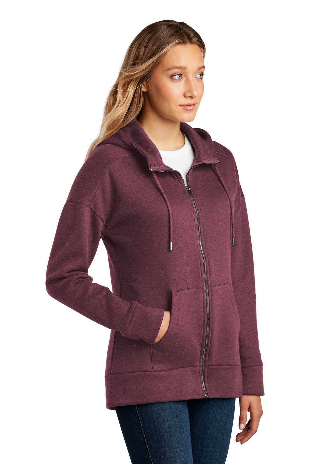 District DT1104 Womens Perfect Weight Fleece Drop Shoulder Full-Zip Hoodie - Heathered Loganberry - HIT a Double - 4