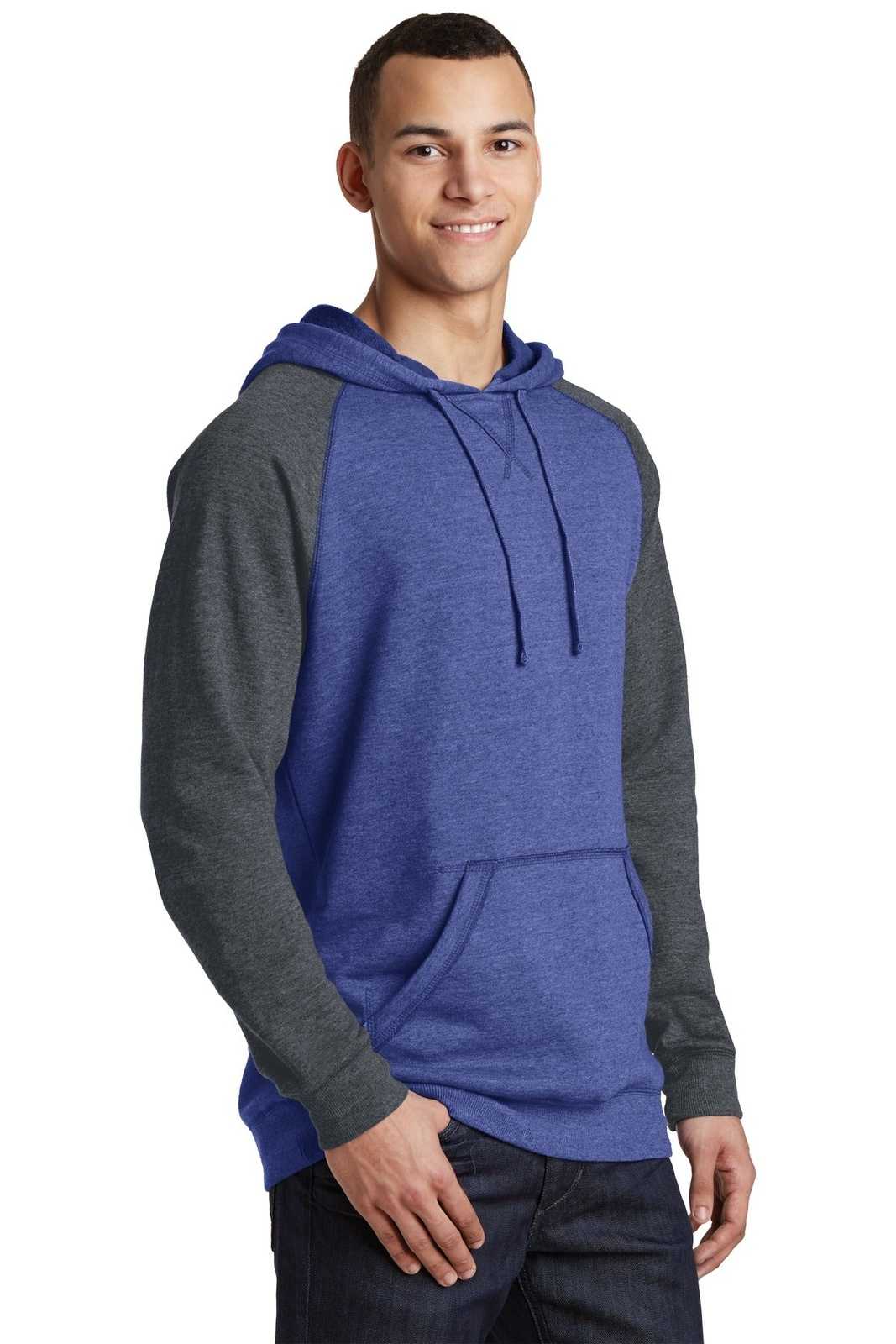 District DT196 Young Mens Lightweight Fleece Raglan Hoodie - Heathered Deep Royal Heathered Charcoal - HIT a Double - 4