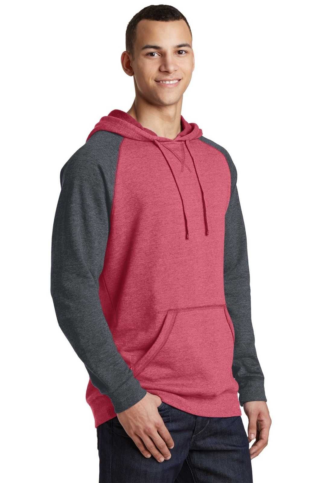 District DT196 Young Mens Lightweight Fleece Raglan Hoodie - Heathered Red Heathered Charcoal - HIT a Double - 4