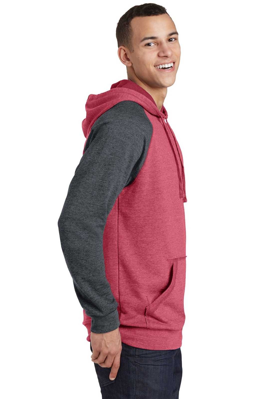 District DT196 Young Mens Lightweight Fleece Raglan Hoodie - Heathered Red Heathered Charcoal - HIT a Double - 3