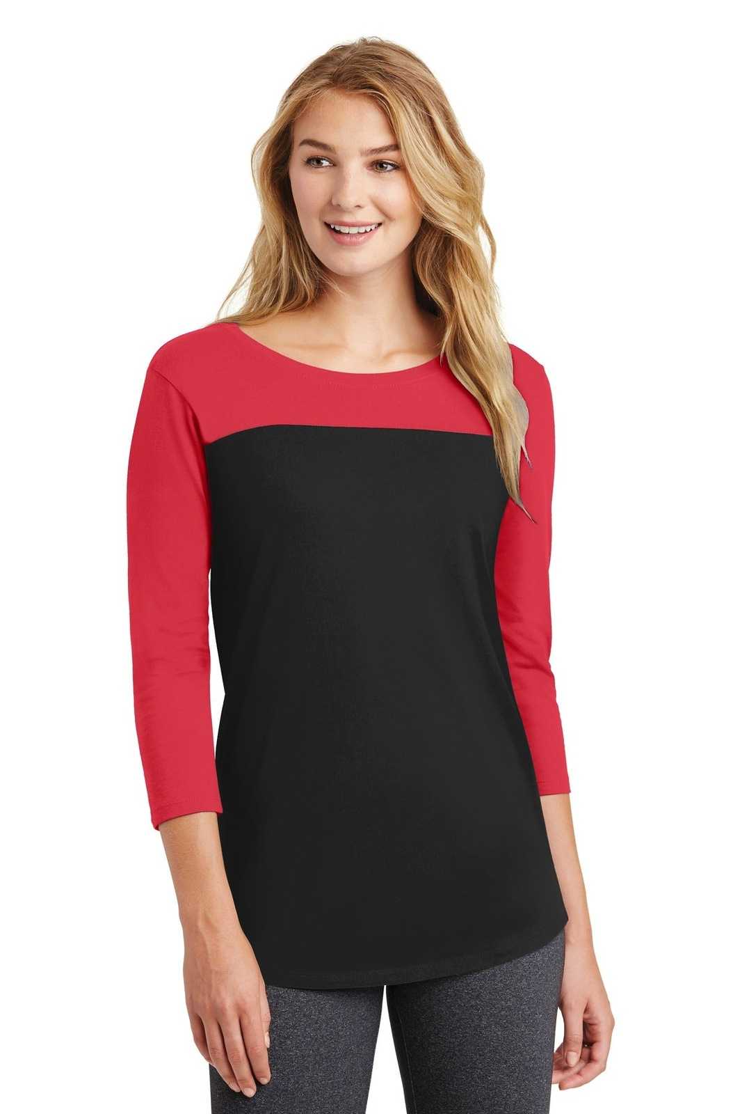 District DT2700 Women&#39;s Rally 3/4-Sleeve Tee - New Red Black - HIT a Double - 1