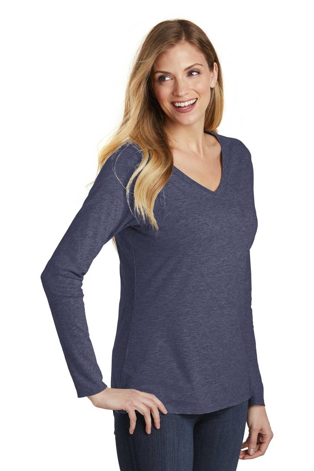 District DT6201 Women&#39;s Very Important Tee Long Sleeve V-Neck - Heathered Navy - HIT a Double - 4