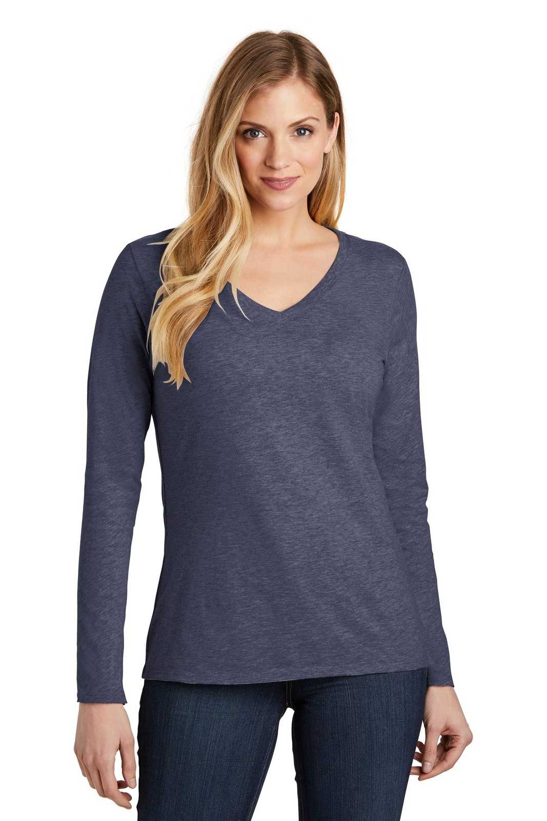District DT6201 Women's Very Important Tee Long Sleeve V-Neck - Heathered Navy - HIT a Double - 1