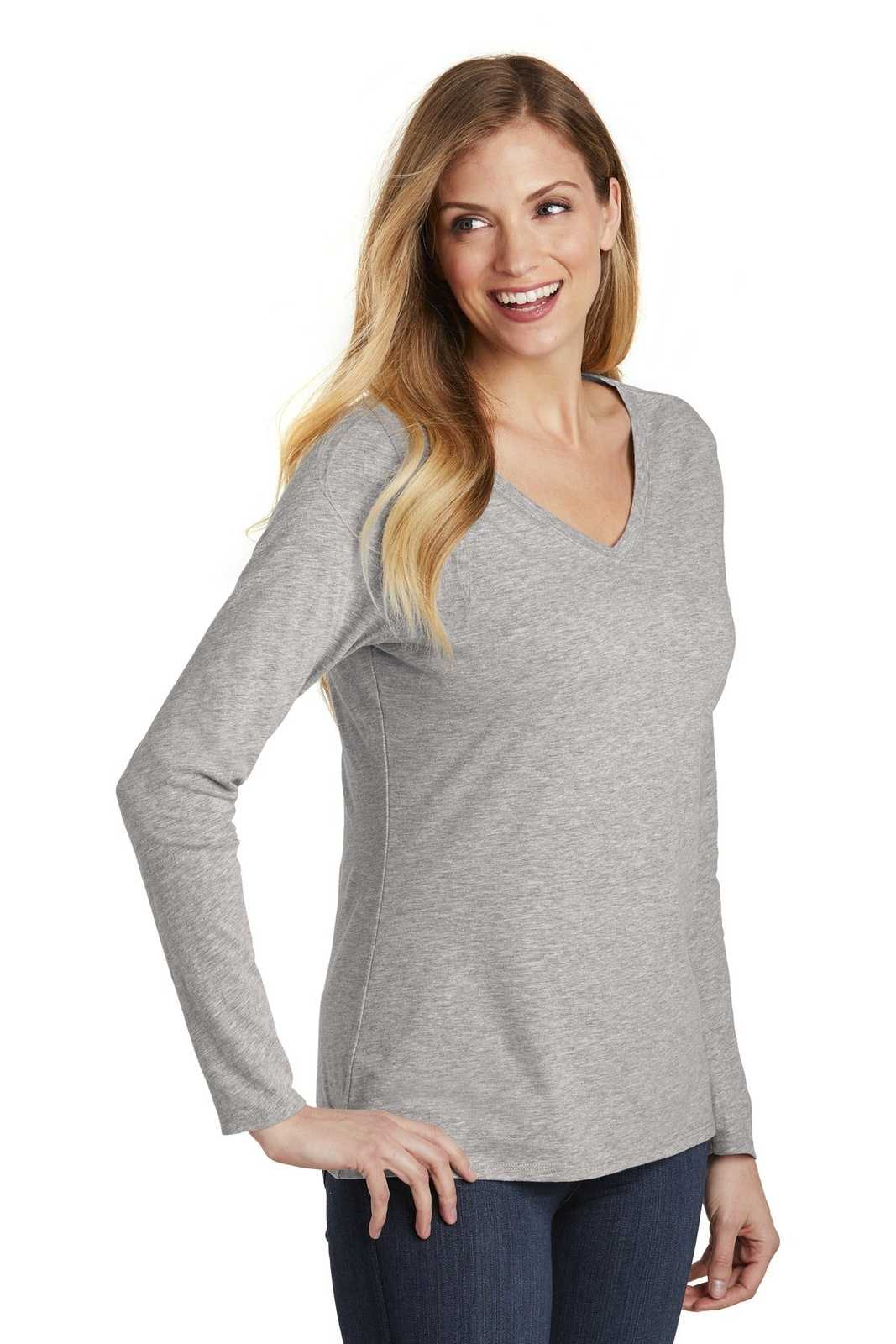 District DT6201 Women&#39;s Very Important Tee Long Sleeve V-Neck - Light Heather Gray - HIT a Double - 4