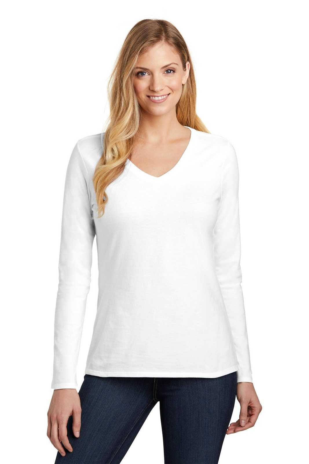 District DT6201 Women&#39;s Very Important Tee Long Sleeve V-Neck - White - HIT a Double - 1