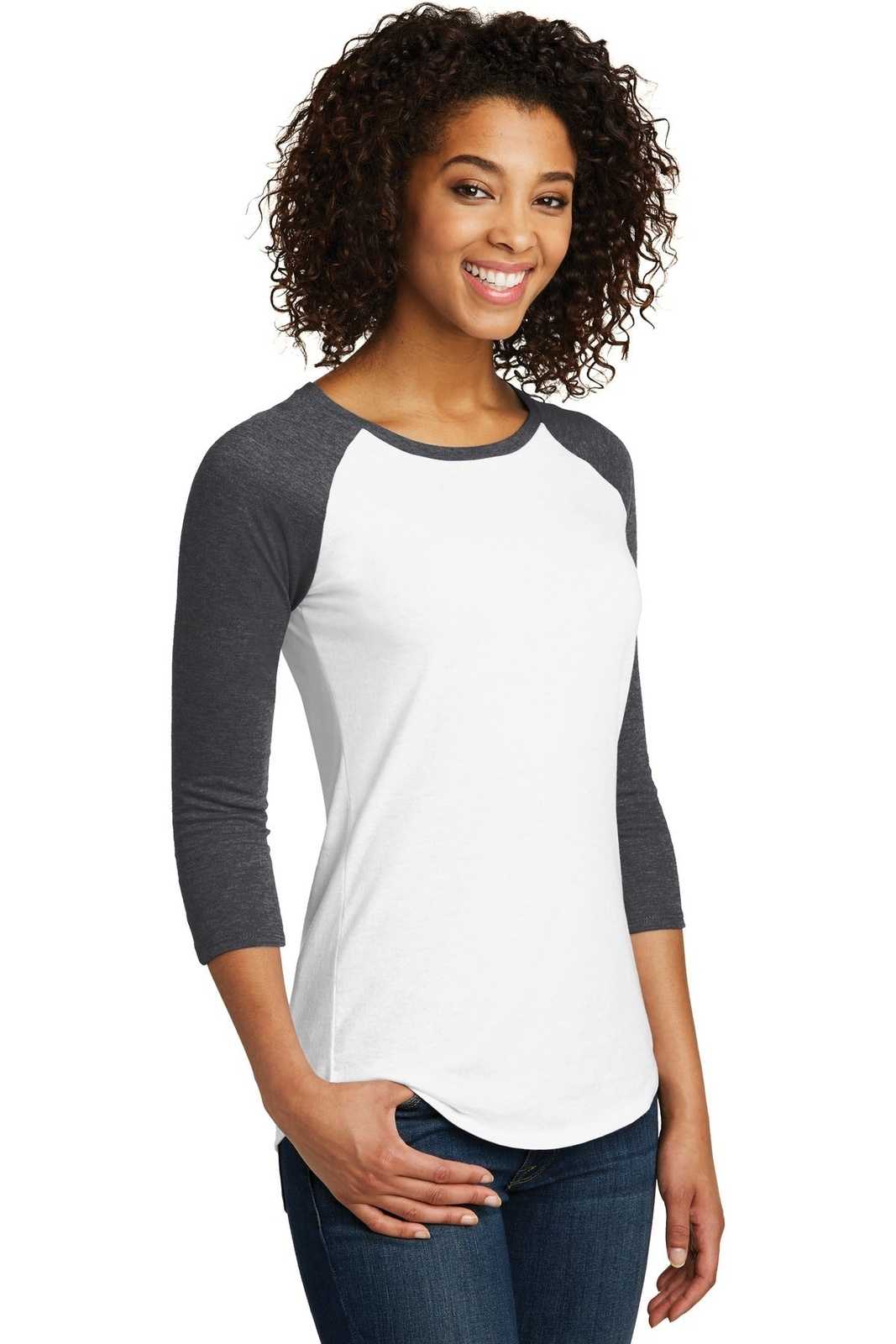 District DT6211 Women&#39;s Fitted Very Important Tee 3/4-Sleeve Raglan - Heathered Charcoal White - HIT a Double - 4