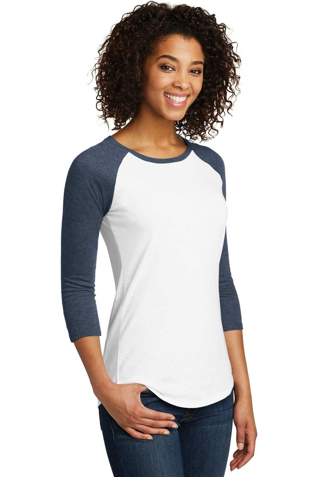 District DT6211 Women&#39;s Fitted Very Important Tee 3/4-Sleeve Raglan - Heathered Navy White - HIT a Double - 4