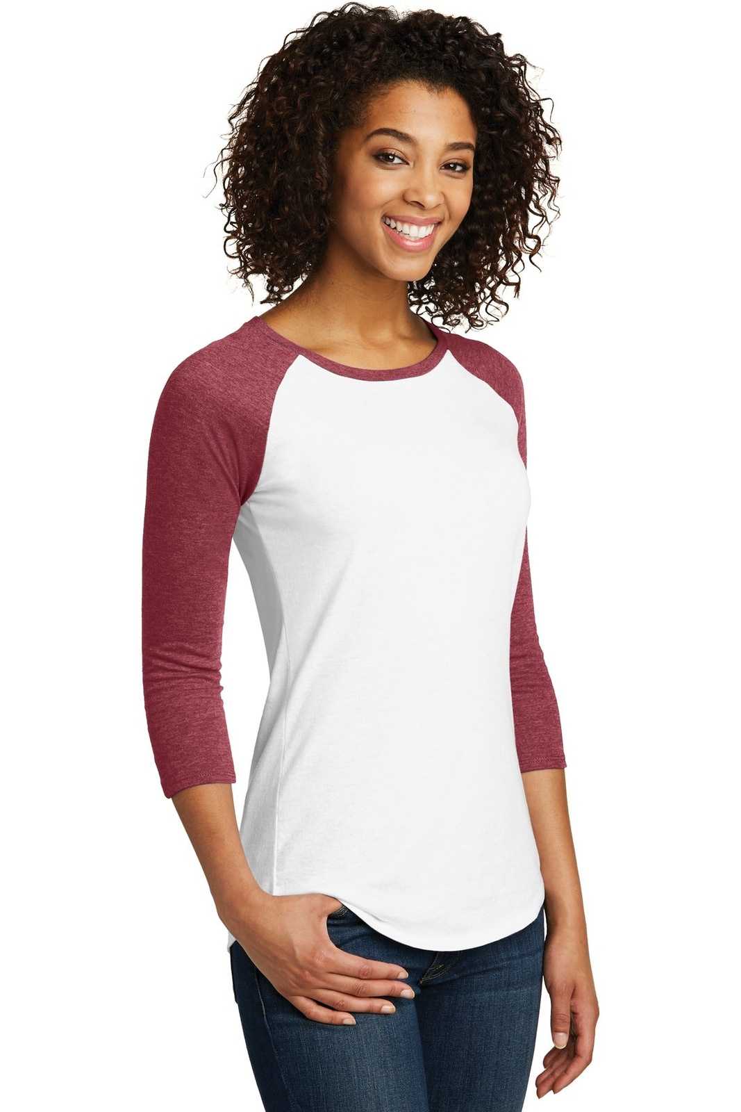 District DT6211 Women&#39;s Fitted Very Important Tee 3/4-Sleeve Raglan - Heathered Red White - HIT a Double - 4