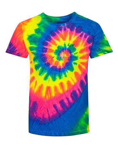 Dyenomite 20BMS Youth Multi-Color Spiral Tie-Dyed T-Shirt - Fluorescent Rainbow Spiral - HIT a Double