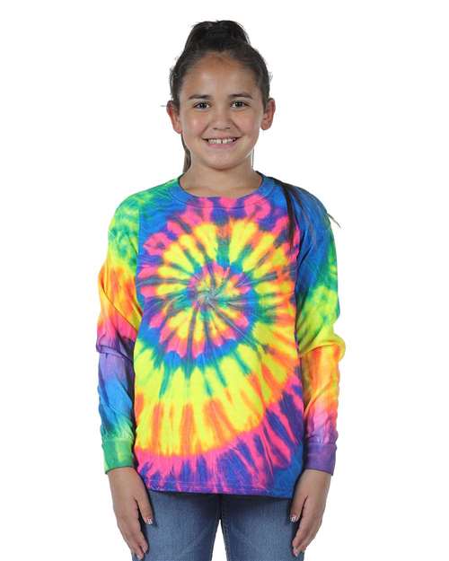 Dyenomite 24BMS Youth Spiral Tie Dye Long Sleeve - Fluorescent Rainbow Spiral - HIT a Double