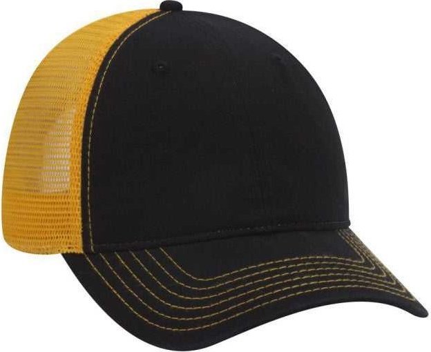 OTTO 121-858 Superior Garment Washed Cotton Twill Low Profile Pro Style Mesh Back Cap - Black Black Gold - HIT a Double - 1