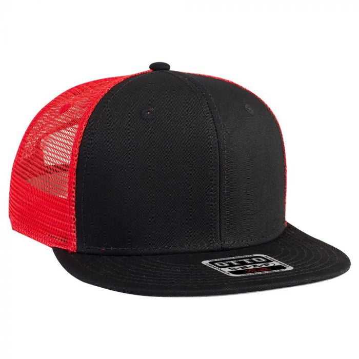 OTTO 141-1070 Superior Cotton Twill Round Flat Visor 6 Panel Pro Style Mesh Back Trucker Snapback Hat - Black Black Red - HIT a Double - 1