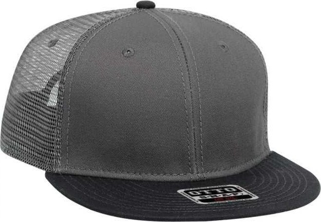 OTTO 141-1070 Superior Cotton Twill Round Flat Visor 6 Panel Pro Style Mesh Back Trucker Snapback Hat - Black Charcoal Charcoal - HIT a Double - 1
