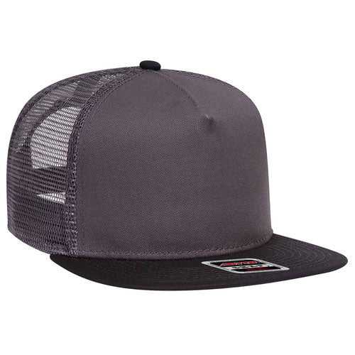 OTTO 154-1124 Superior Cotton Twill Round Flat Visor 5 Panel Pro Style Mesh Back Trucker Snapback Hat - Black Charcoal Charcoal - HIT a Double - 1