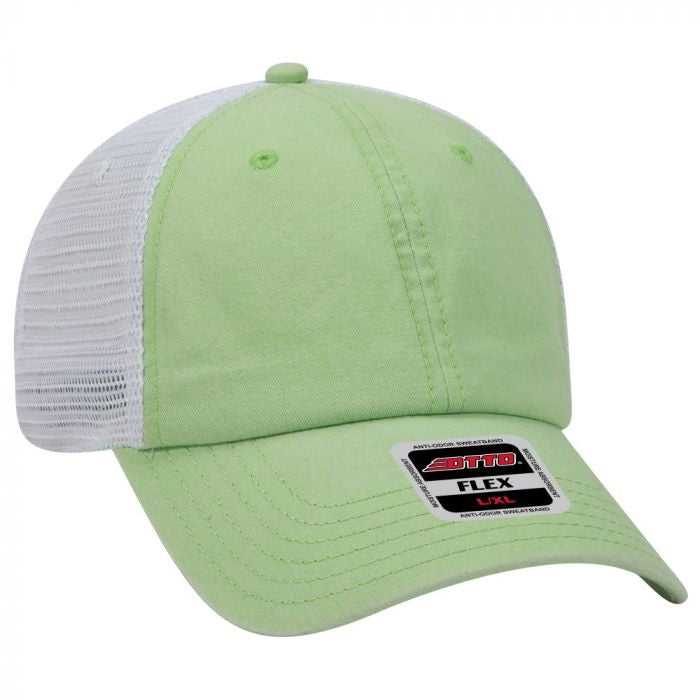 OTTO 169-1264 OTTO Flex 6 Panel Low Profile Garment Washed Pigment Dyed Superior Cotton Twill w/ Soft Polyester Mesh Back Cap - Lime Lime White - HIT a Double - 1