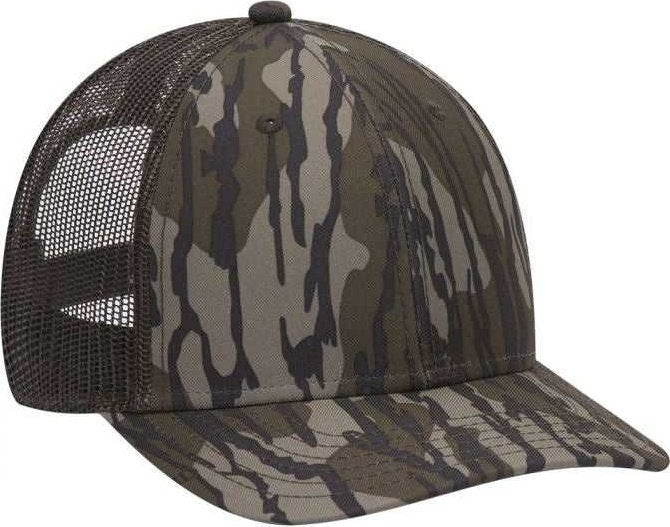 OTTO 171-1293 Mossy Oak Camouflage Superior Polyester Twill 6 Panel Low Profile Mesh Back Baseball Cap - Bottomland Dark Olive Green - HIT a Double - 1
