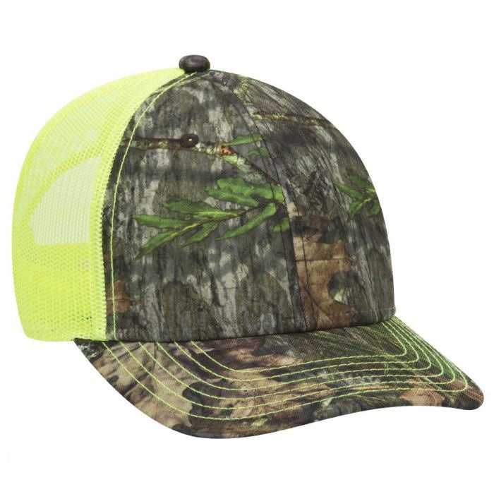 OTTO 171-1293 Mossy Oak Camouflage Superior Polyester Twill 6 Panel Low Profile Mesh Back Baseball Cap - Obsession Neon Yellow - HIT a Double - 1