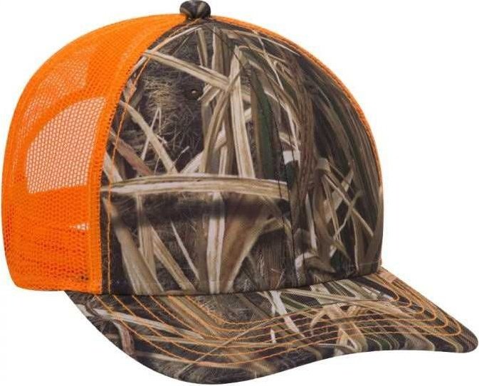 OTTO 171-1293 Mossy Oak Camouflage Superior Polyester Twill 6 Panel Low Profile Mesh Back Baseball Cap - Shadow Grass Blades Neon Orange - HIT a Double - 1
