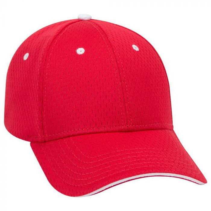 OTTO 23-368 Polyester Pro Mesh Sandwich Visor Low Profile Pro Style Structured Firm Front Panel Cap - Red Red White - HIT a Double - 1