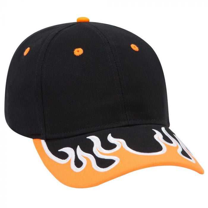 OTTO 58-589 Flame Pattern Visor Brushed Cotton Twill Low Profile Pro Style Structured Firm Front Panel Cap - Black Neon Orange White - HIT a Double - 1