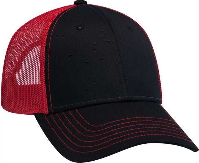 OTTO 83-1239 6 Panel Low Profile Mesh Back Trucker Hat - Black Black Red - HIT a Double - 1