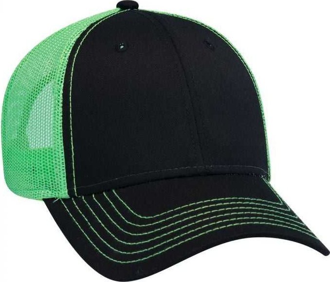 OTTO 83-1239 6 Panel Low Profile Mesh Back Trucker Hat - Black Black Neon Green - HIT a Double - 1