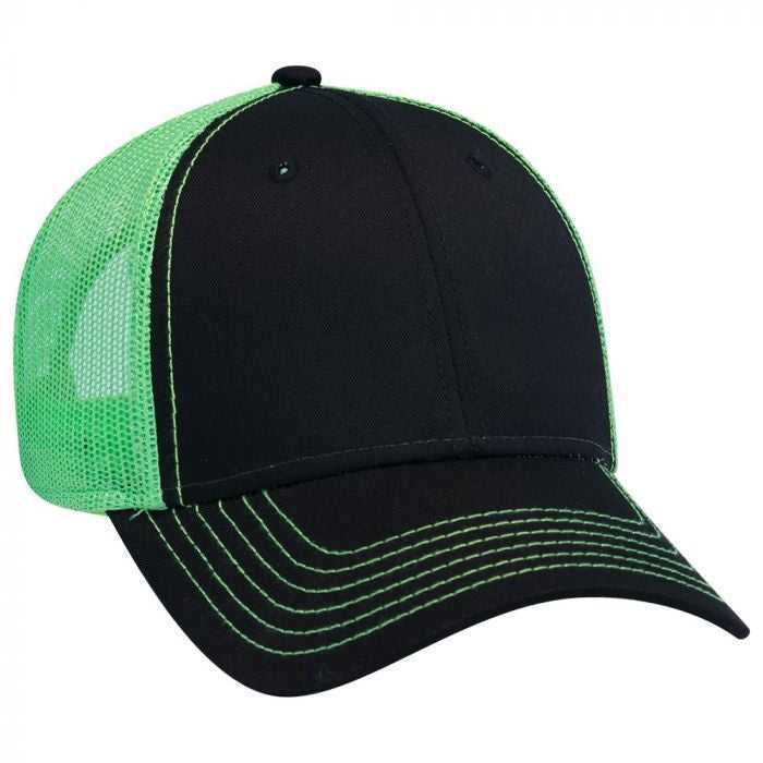 OTTO 83-1239 6 Panel Low Profile Mesh Back Trucker Hat - Black Black Neon Green - HIT a Double - 1