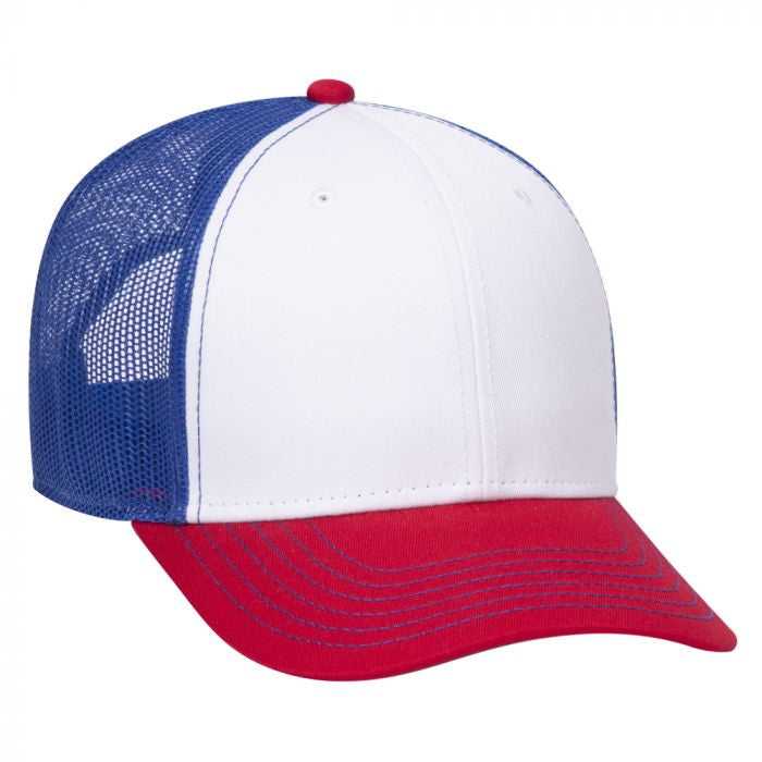 OTTO 83-1239 6 Panel Low Profile Mesh Back Trucker Hat - Red White Royal - HIT a Double - 1