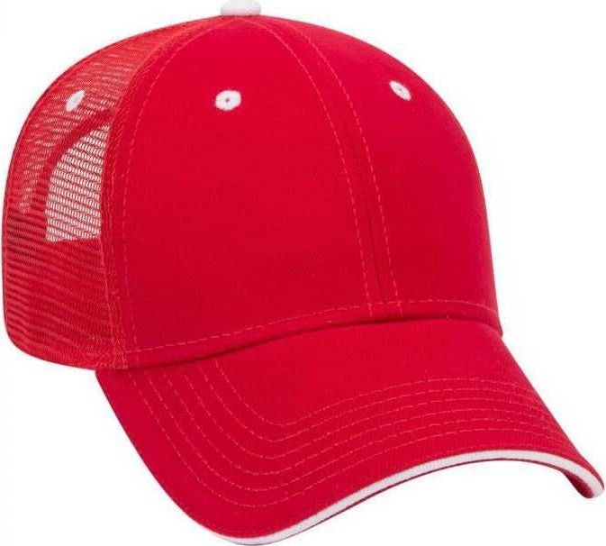 OTTO 84-482 Brushed Bull Denim Sandwich Visor Low Profile Pro Style Mesh Back Structured Firm Front Panel Cap - Red Red White - HIT a Double - 1