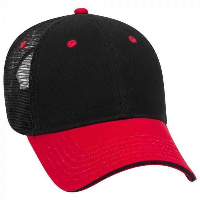 OTTO 84-482 Brushed Bull Denim Sandwich Visor Low Profile Pro Style Mesh Back Structured Firm Front Panel Cap - Red Black Black - HIT a Double - 1