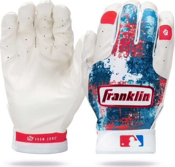 Franklin MLB Teeball Grow 2 Pro Batting Gloves - White Red Blue - HIT a Double - 1