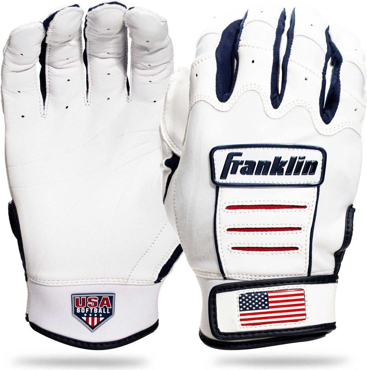 Franklin USA Flag Women&#39;s Softball CFX Pro Batting Gloves - White - HIT a Double