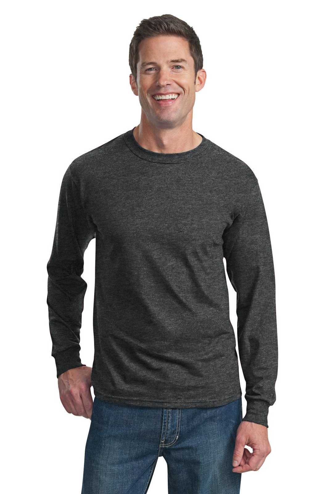 Fruit of the Loom 4930 HD Cotton 100% Cotton Long Sleeve T-Shirt - Black Heather - HIT a Double