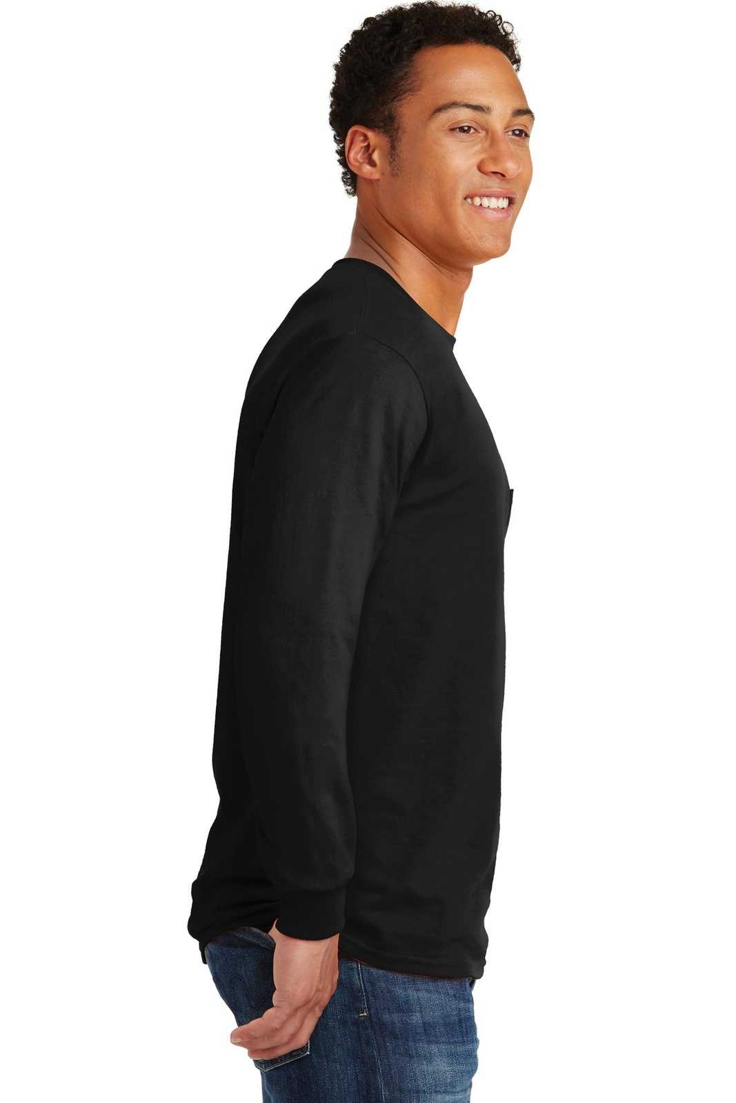 Gildan 2410 Ultra Cotton 100% Cotton Long Sleeve T-Shirt with Pocket - Black - HIT a Double