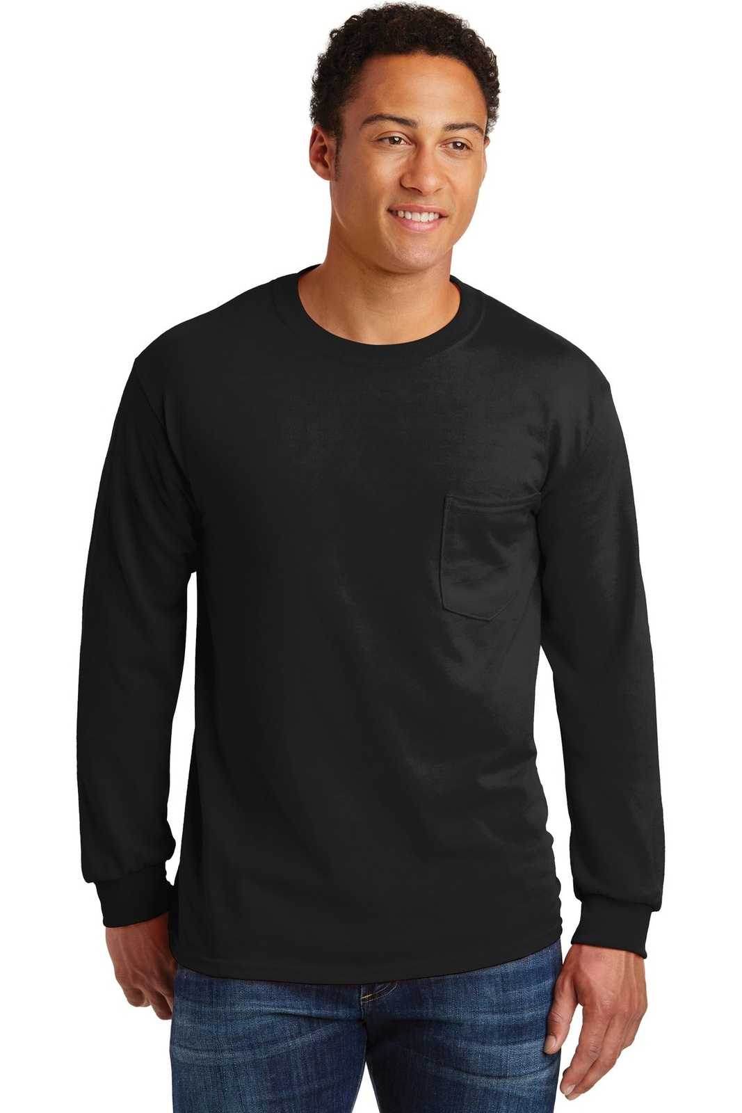 Gildan 2410 Ultra Cotton 100% Cotton Long Sleeve T-Shirt with Pocket - Black - HIT a Double