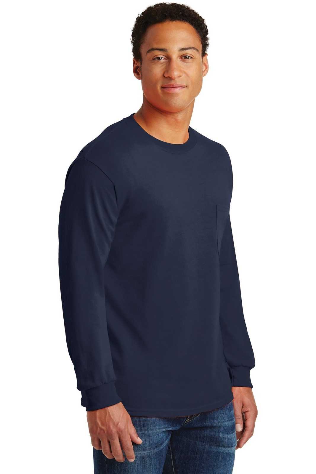 Gildan 2410 Ultra Cotton 100% Cotton Long Sleeve T-Shirt with Pocket - Navy - HIT a Double