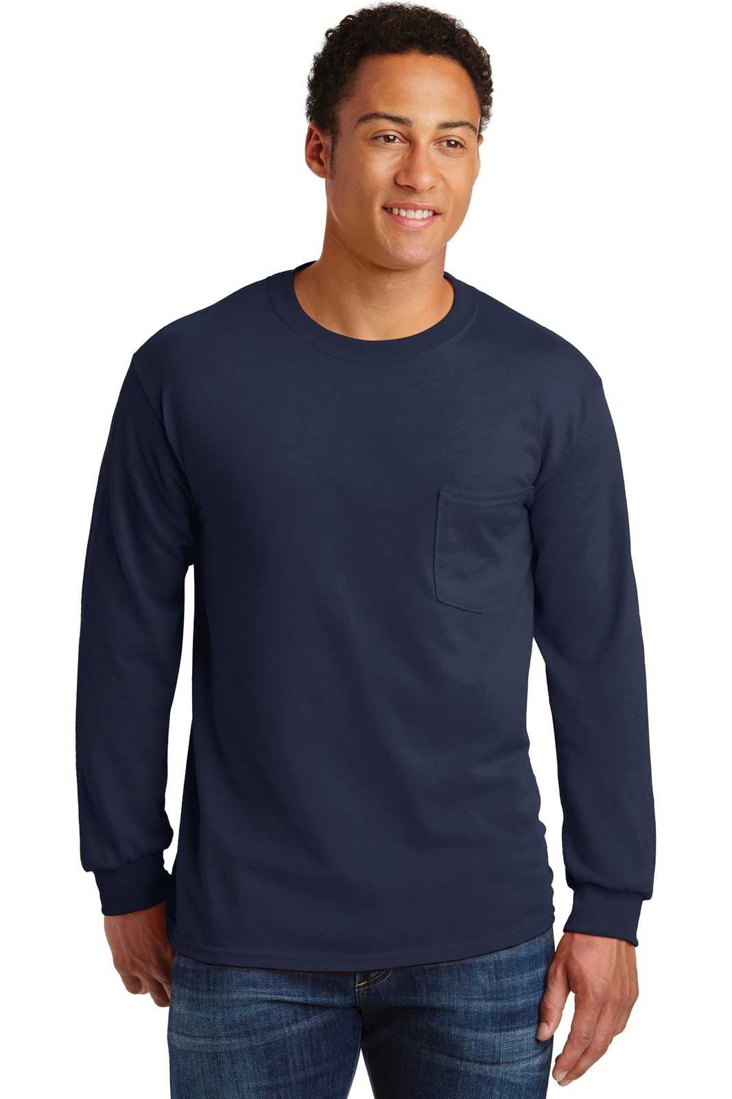 Gildan 2410 Ultra Cotton 100% Cotton Long Sleeve T-Shirt with Pocket - Navy - HIT a Double