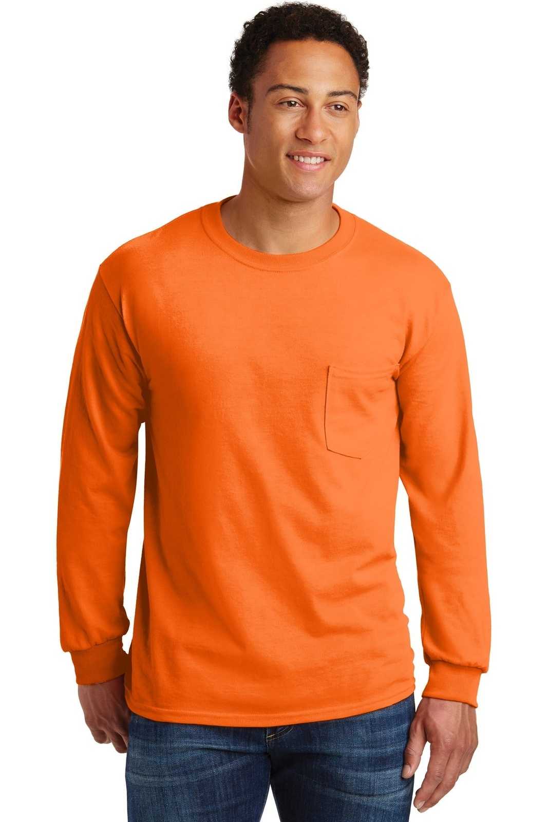 Gildan 2410 Ultra Cotton 100% Cotton Long Sleeve T-Shirt with Pocket - S. Orange - HIT a Double