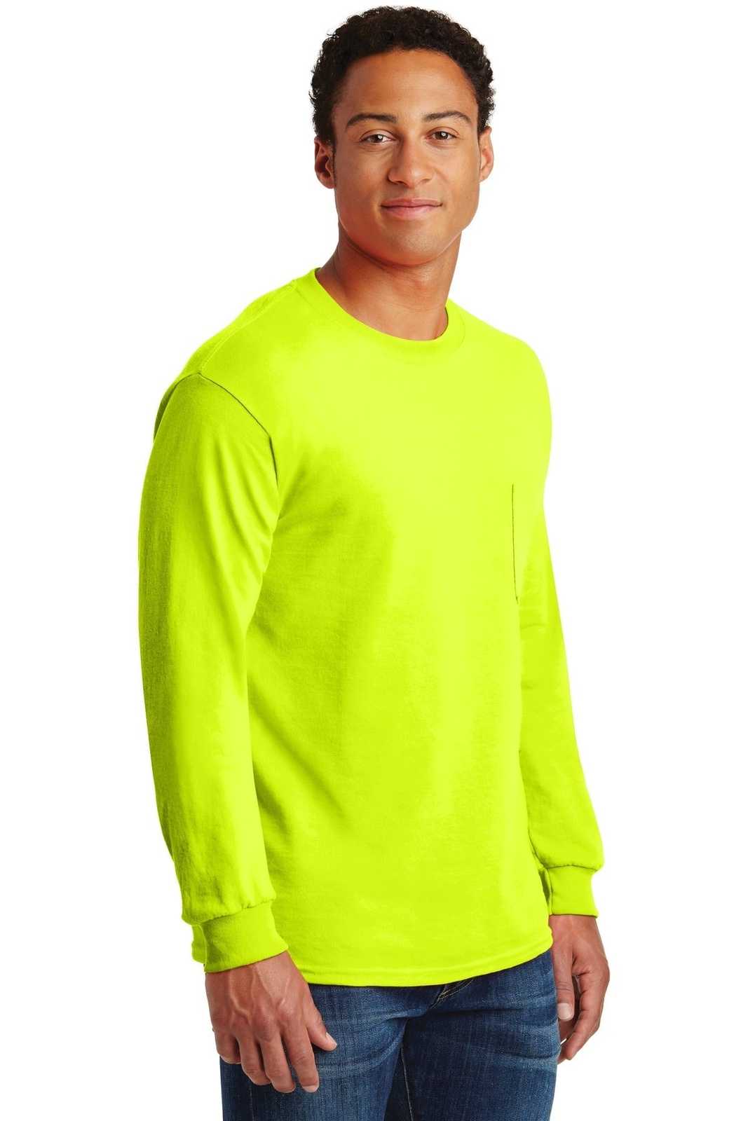 Gildan 2410 Ultra Cotton 100% Cotton Long Sleeve T-Shirt with Pocket - Safety Green - HIT a Double