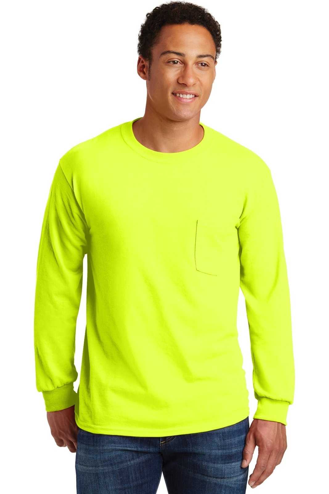 Gildan 2410 Ultra Cotton 100% Cotton Long Sleeve T-Shirt with Pocket - Safety Green - HIT a Double