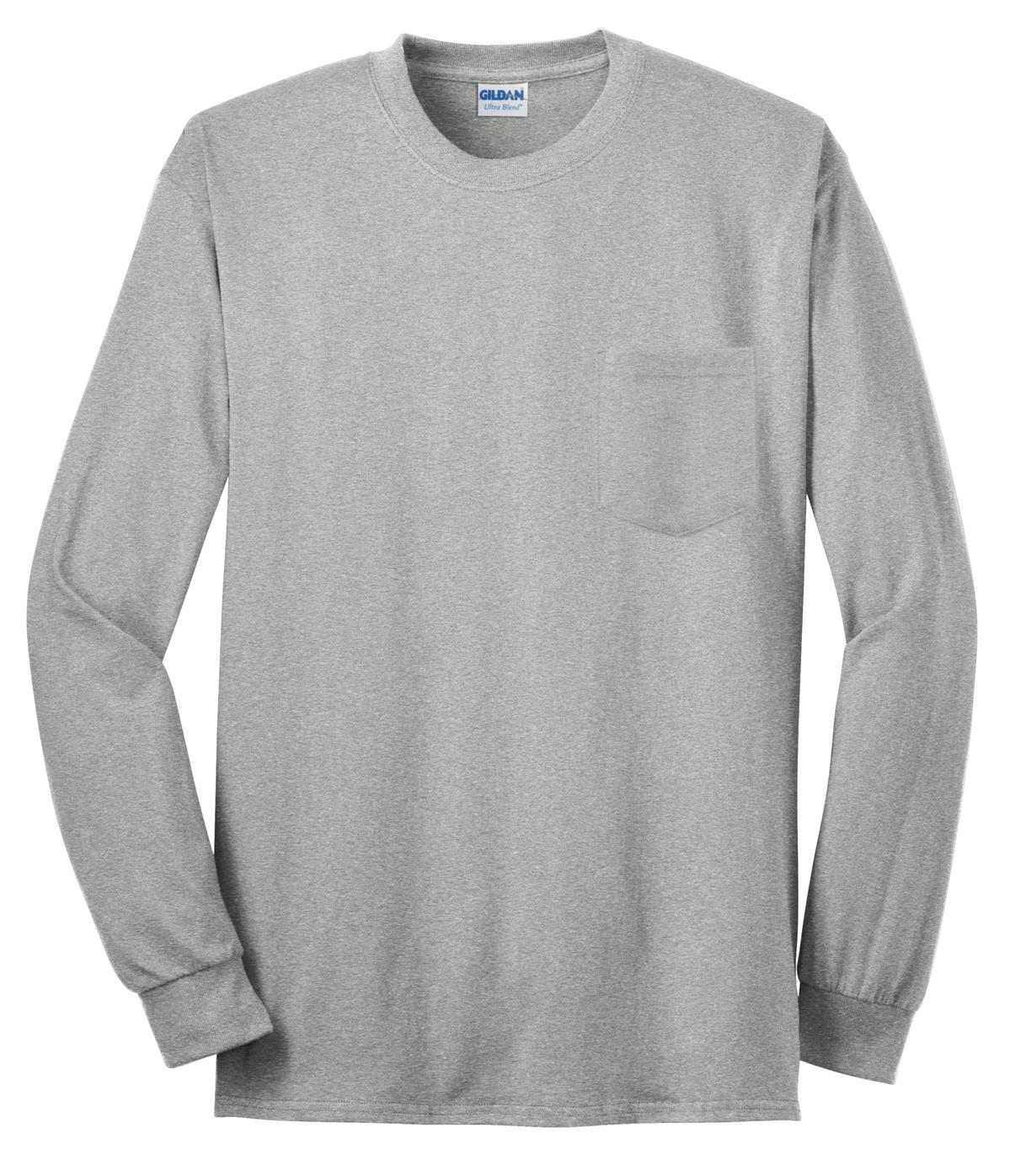 Gildan 2410 Ultra Cotton 100% Cotton Long Sleeve T-Shirt with Pocket -Sport Gray - HIT a Double